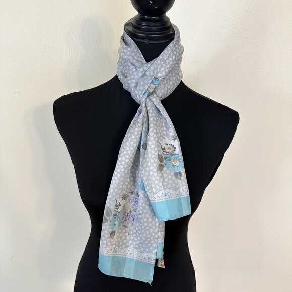 Vintage Womens Floral Polyester Neck Scarf 50s Style Gray Blue Made in Italy - Picture 1 of 5